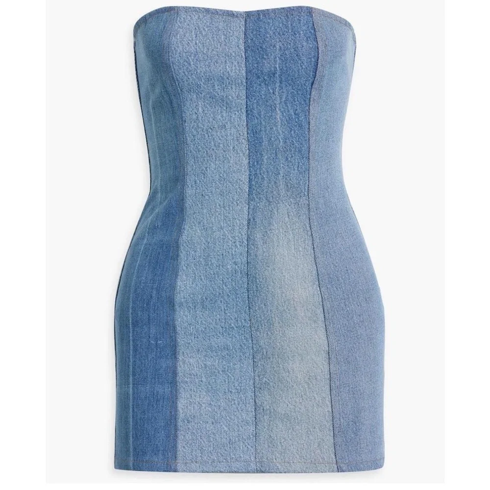 PrettyLittleThing Denim Cotton Patchwork Strapless Mini Dress Blue Stripe